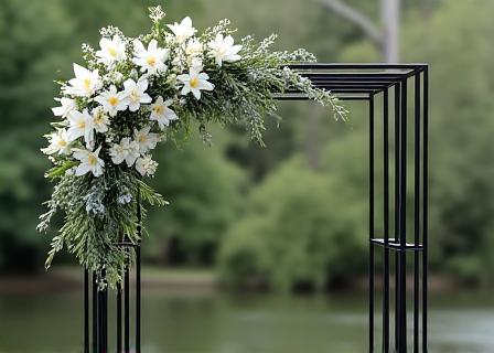 Arco nuziale in ferro battuto e fiori bianchi